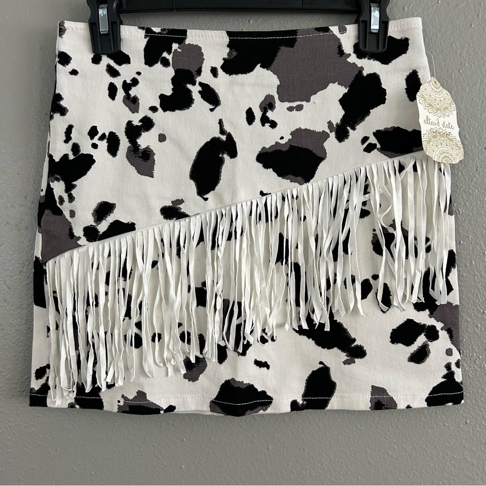 Altar’d State Cow Animal Print Mini Skirt with White Fringe Size M  Western